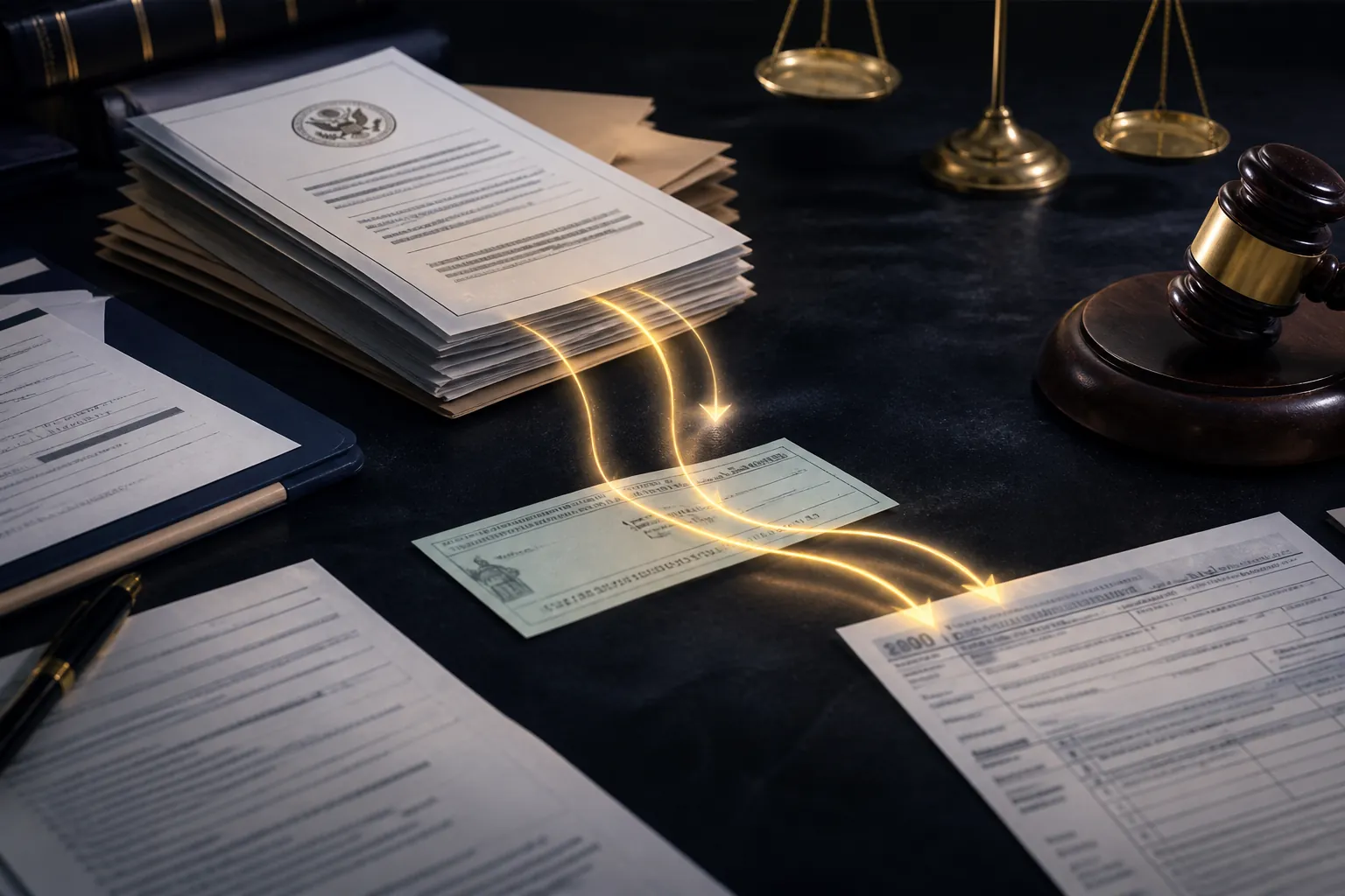 Government documents, an IRS-style form, bank check, wire-transfer arrows and a gavel on a dark legal desk