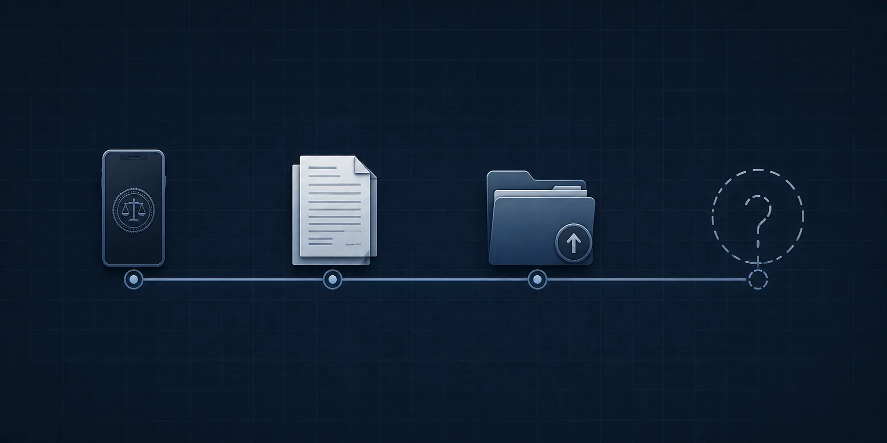 Abstract procedural timeline showing device seizure, document requests, filing milestone, and pending status
