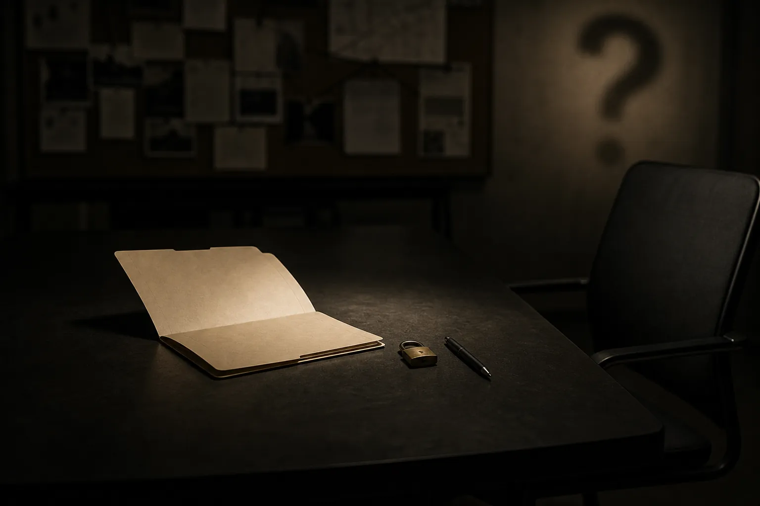 Thin manila case folder open under a narrow light on a dark conference table, suggesting an investigation with more open questions than filed answers