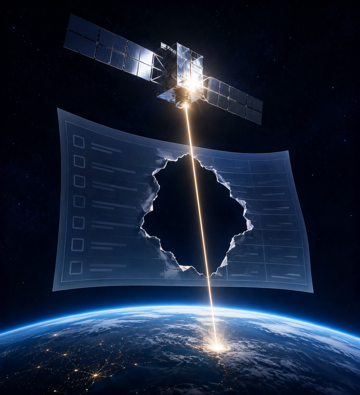 Orbital reflector satellite above Earth with a beam passing through a gap in a translucent regulatory framework