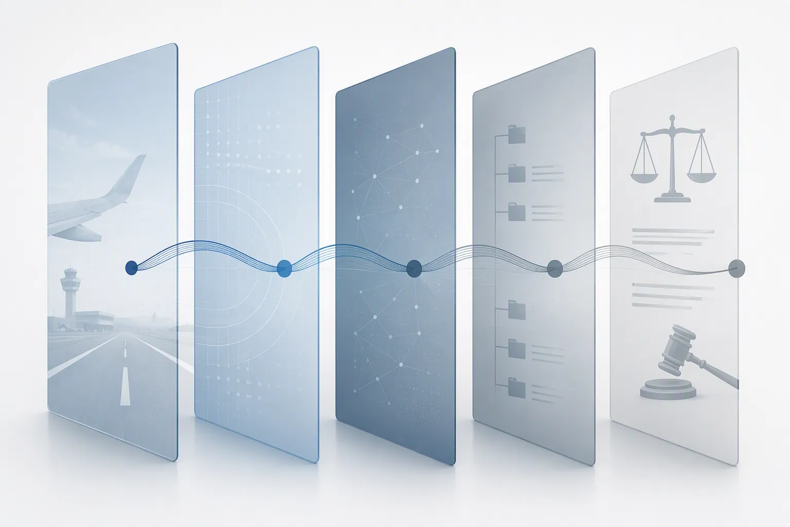 Five translucent liability layers connecting aviation cues to legal-system cues