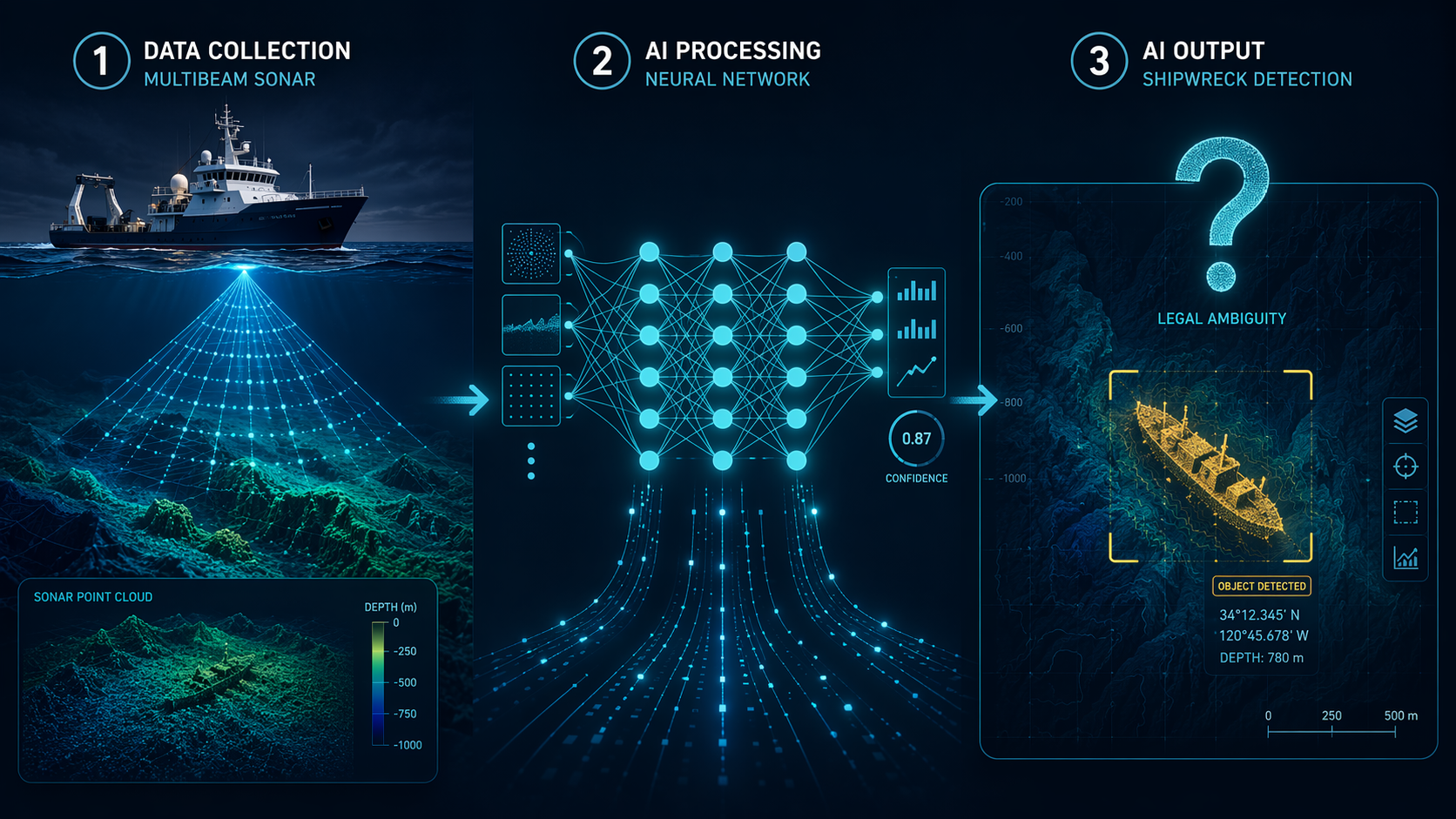 Sonar vessel, neural network processing, and AI shipwreck detection screen with legal question mark