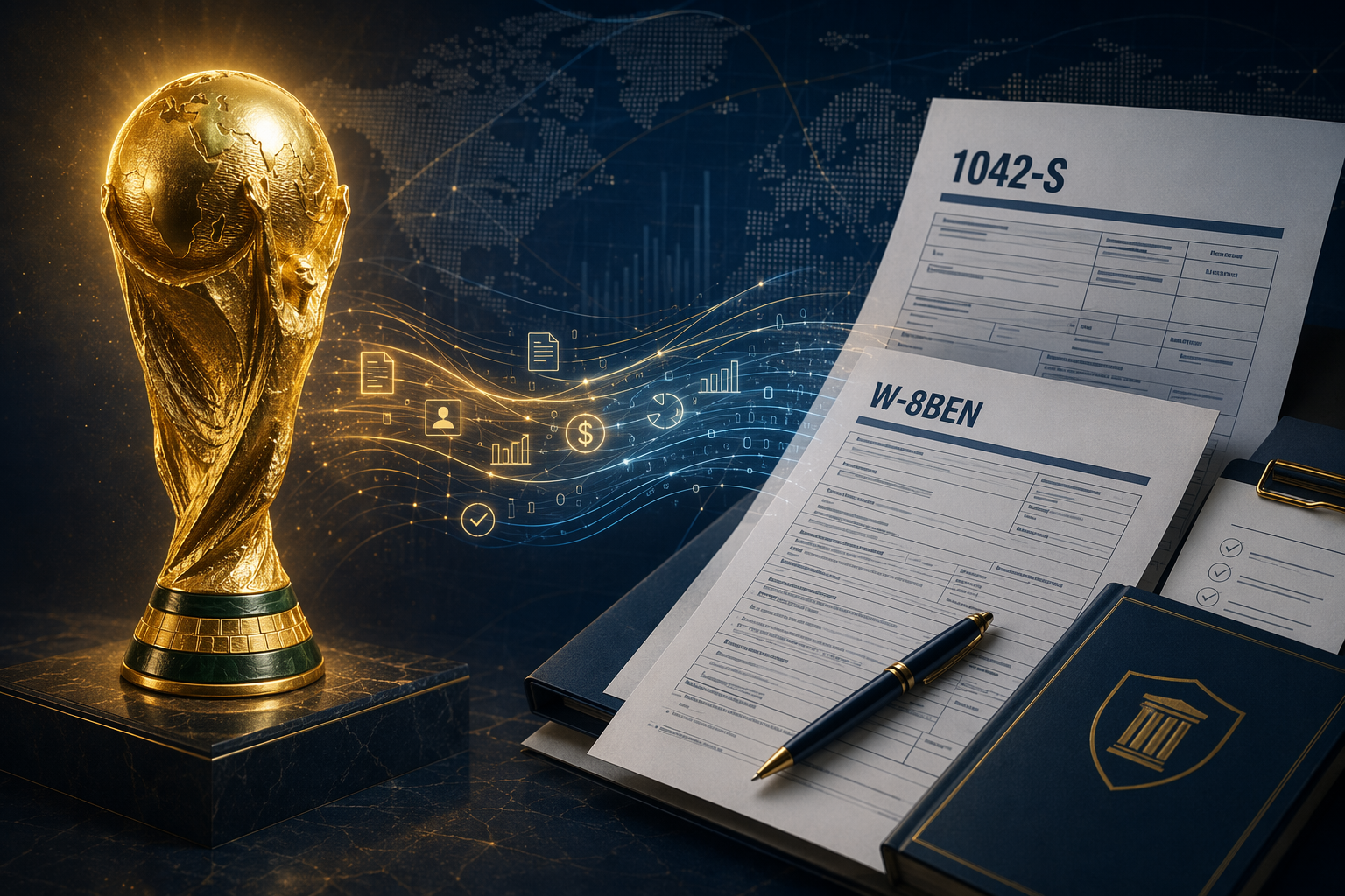 World Cup trophy connected to IRS tax documents and compliance forms