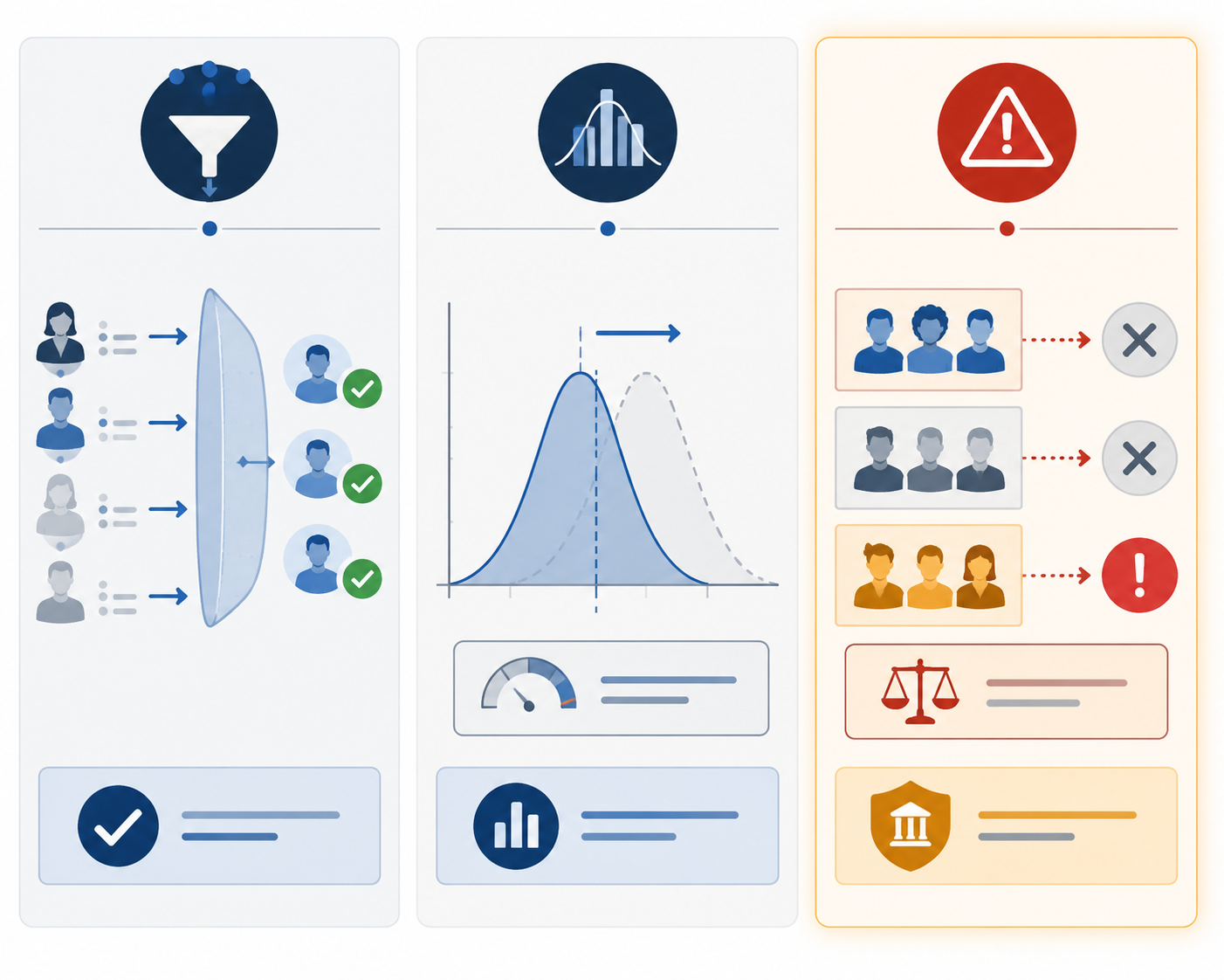 Three-panel framework distinguishing positive-tendency bias, statistical bias, and discriminatory bias