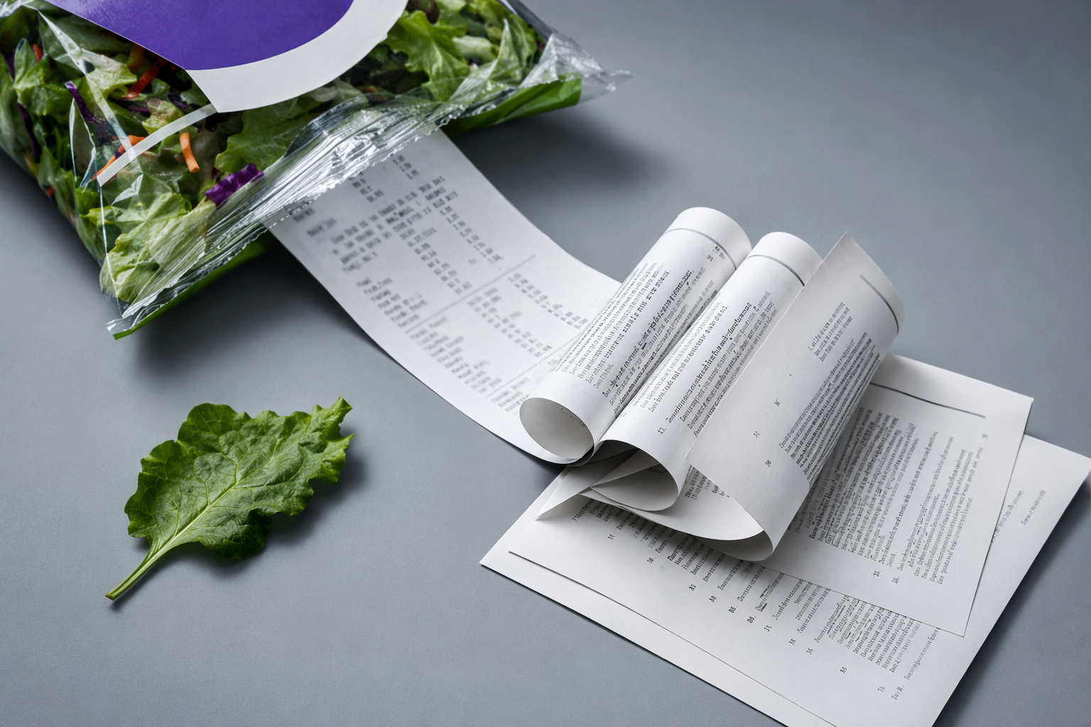 Walmart grocery receipt beside legal document pages and a salad leaf