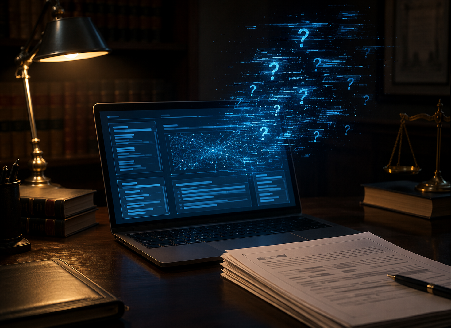 Laptop with AI legal research interface and distorted document fragments
