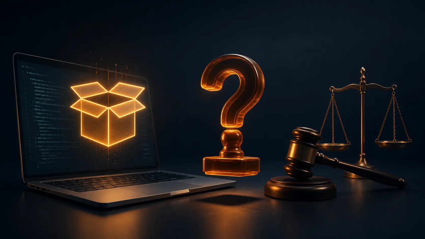 Open-source model emblem facing legal scales and a gavel, with a question mark between license and legal safety