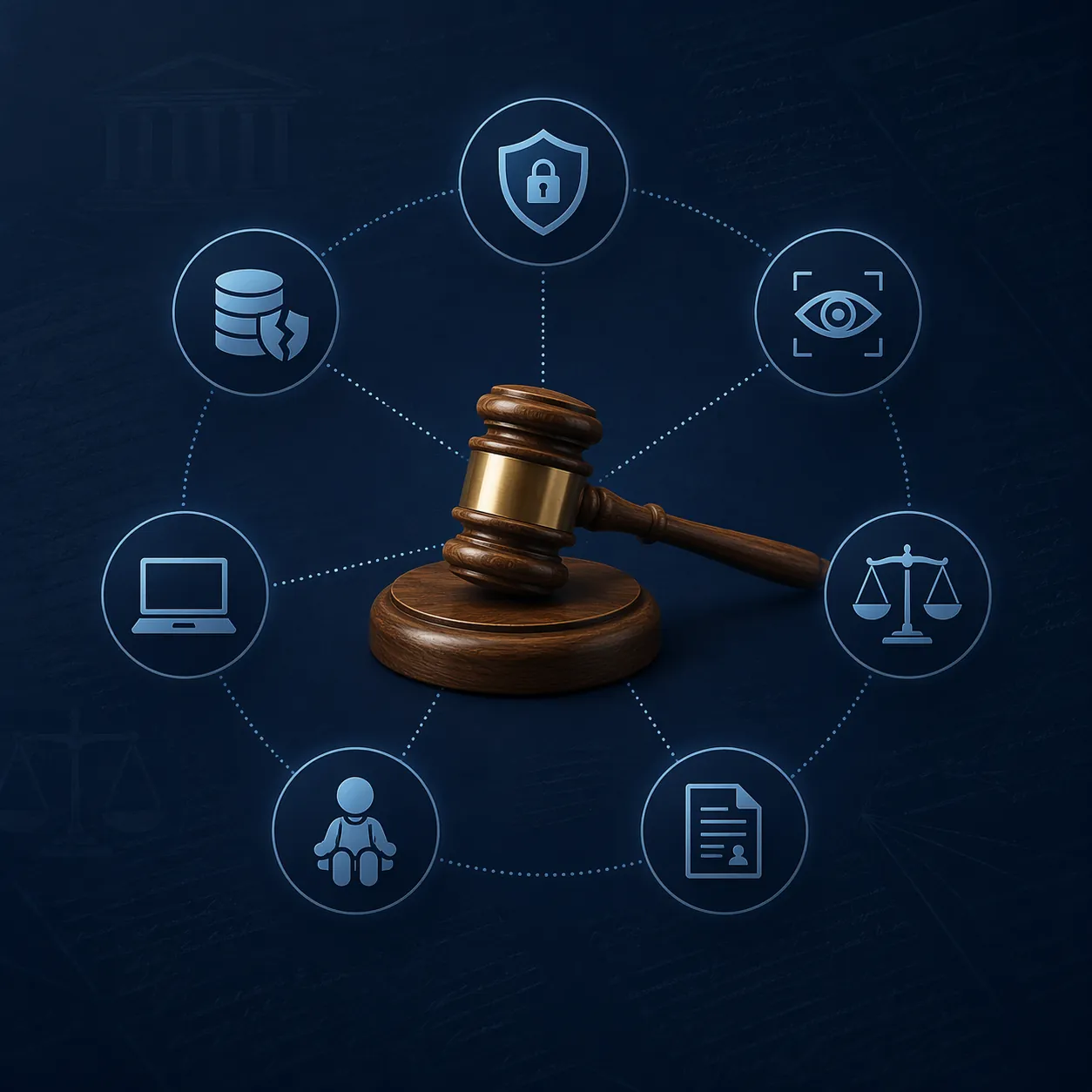Gavel connected to seven nodes representing education AI litigation risks