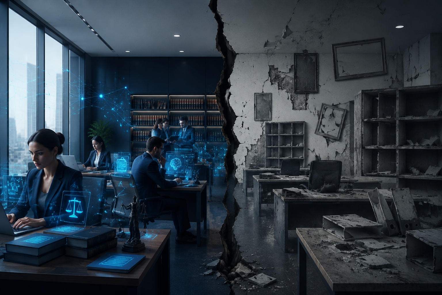 Modern law office split between AI-enabled work and missing governance structures