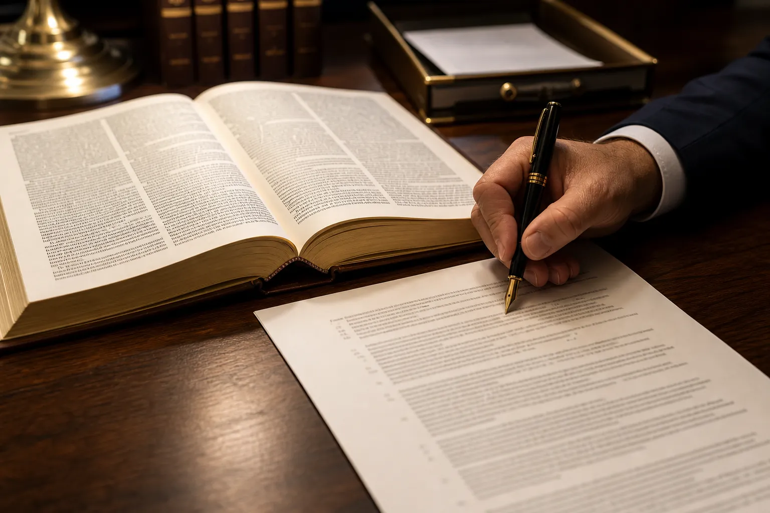 Lawyer's desk with an open primary-source law book and a cited reference sheet being checked by hand