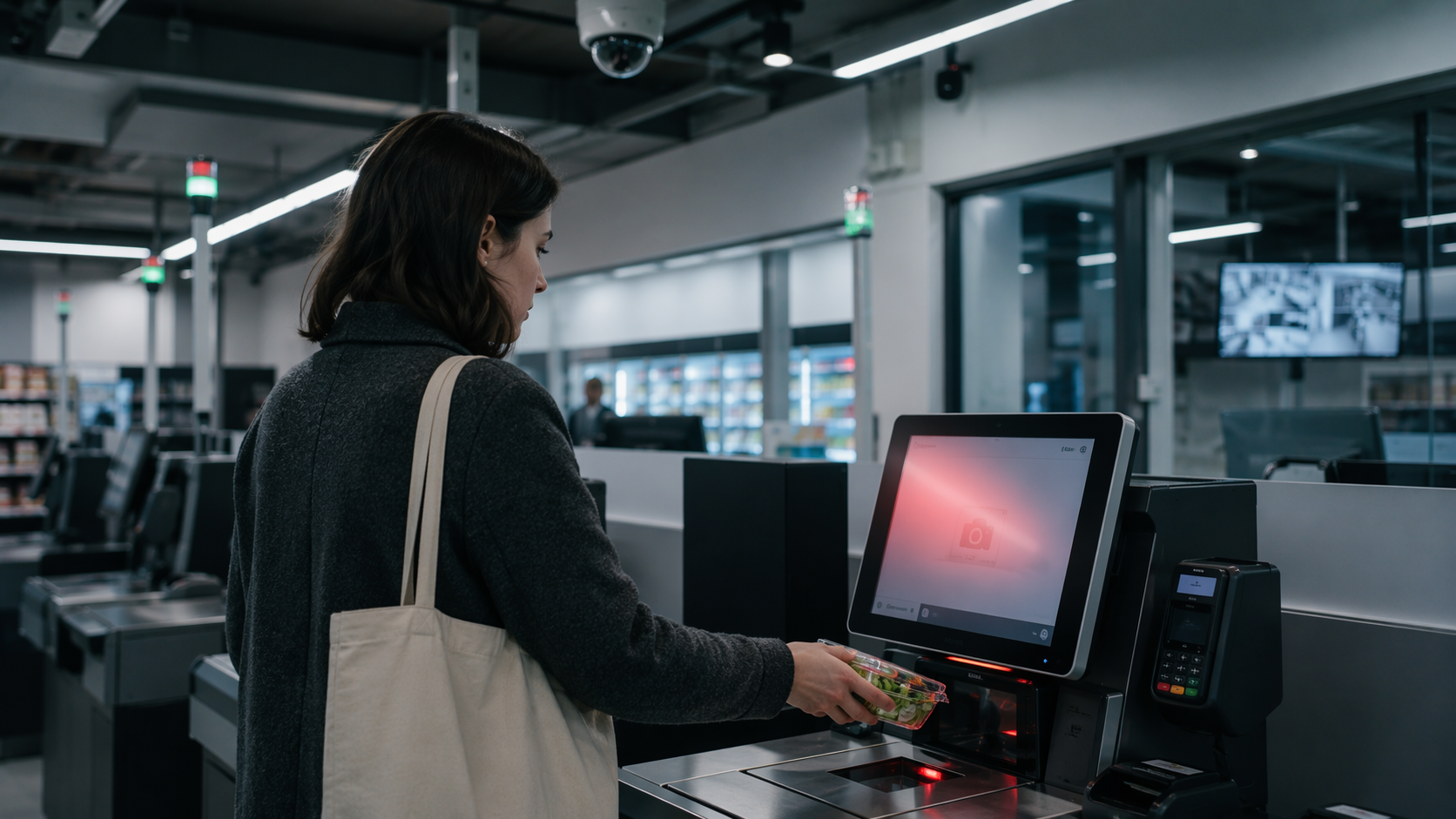 Customer using a self-checkout kiosk under visible store surveillance cameras