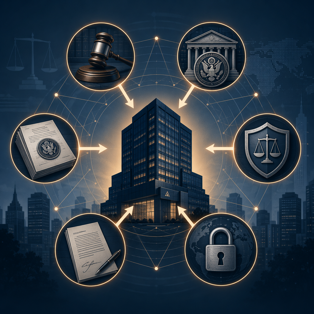 A corporate building surrounded by copyright, regulatory, contract, export control, and IPO legal risk symbols