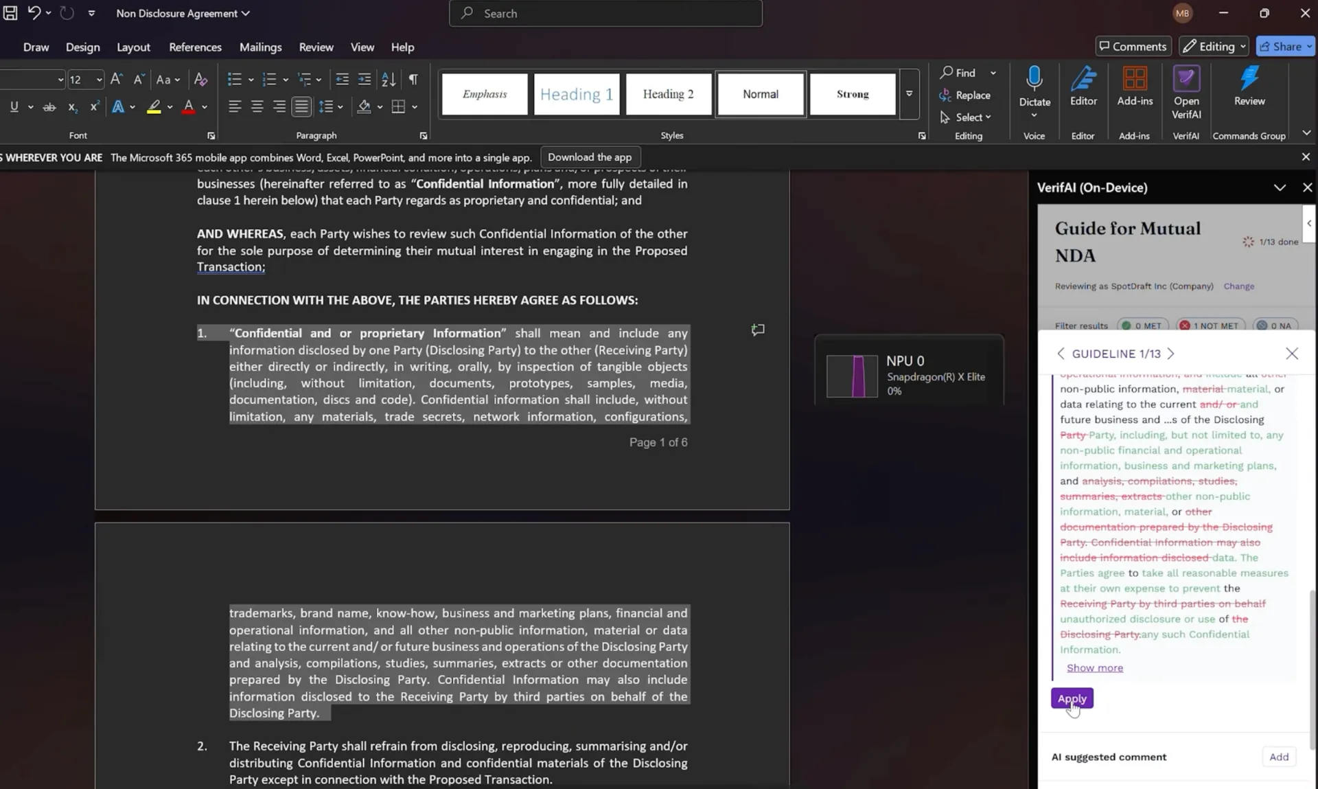 Screenshot of SpotDraft VerifAI contract review in Microsoft Word with a sidebar for clause extraction and risk scoring
