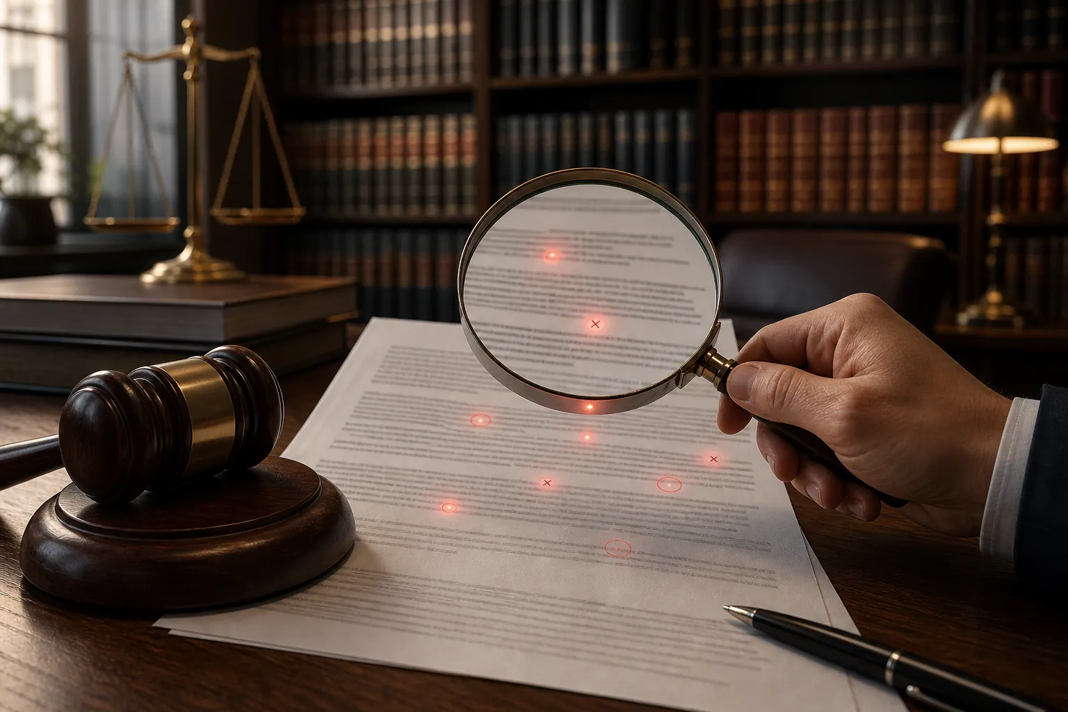 Legal document examined under a magnifying glass with red marks highlighting fabricated passages