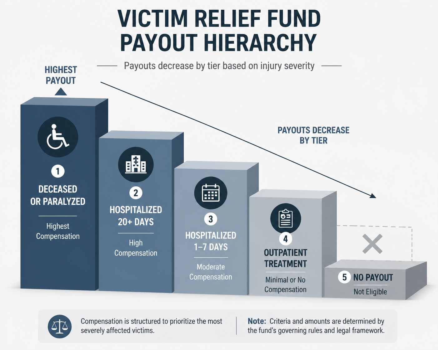 Descending relief fund payout tiers for deceased and paralyzed victims, longer hospitalizations, shorter hospitalizations, and outpatients receiving no payment