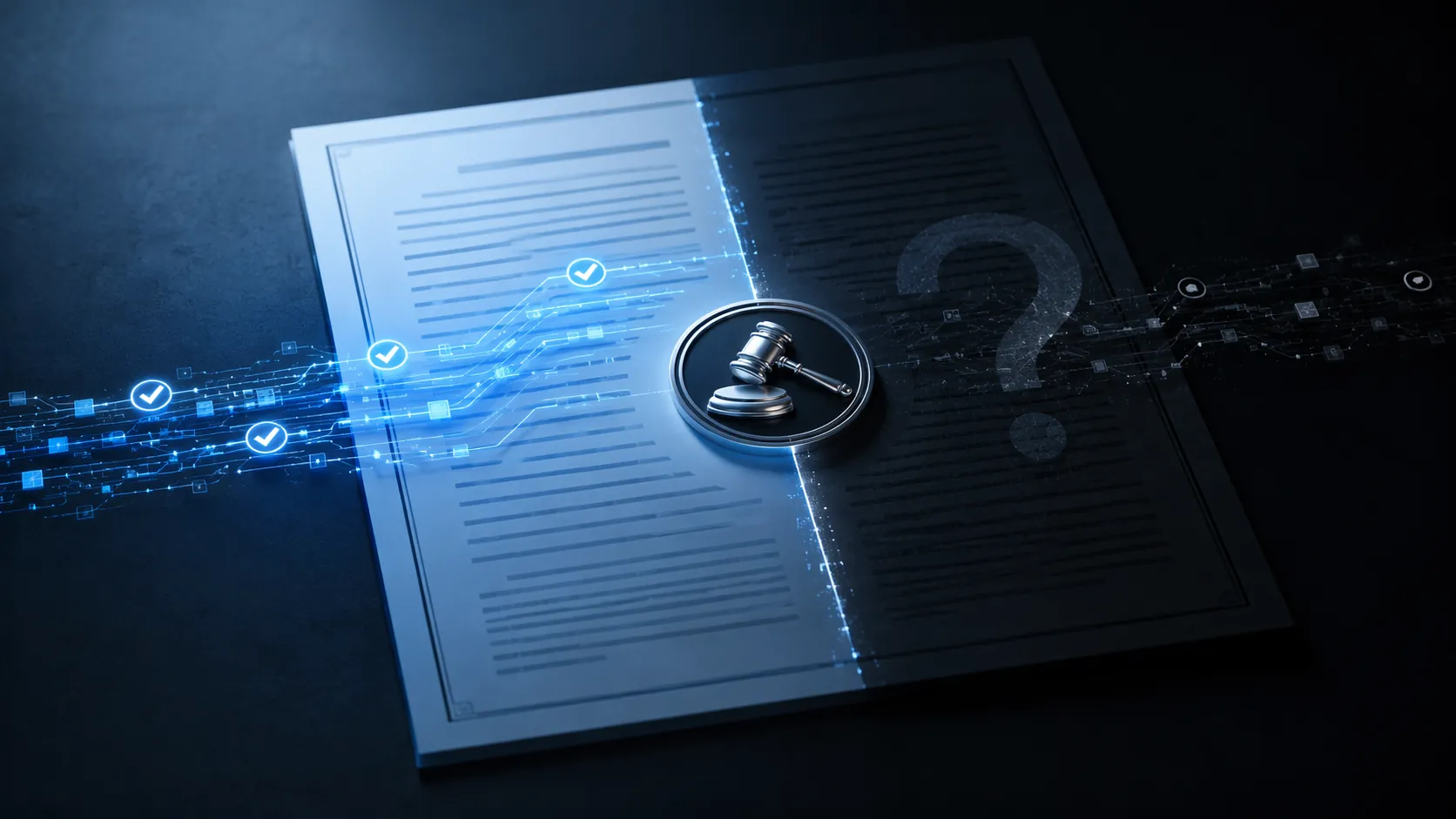 Legal document split between verified data lineage and unresolved legal risk, divided by a gavel