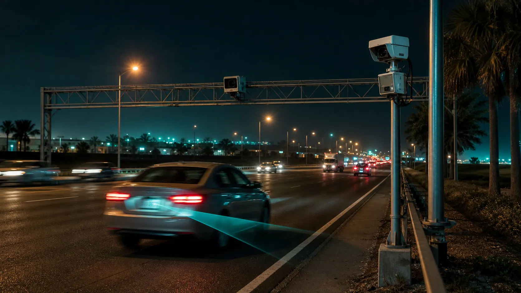 Nighttime Florida interstate with roadway cameras and an automated license-plate reader scanning traffic