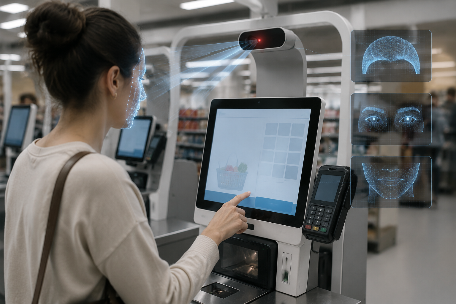 Self-checkout camera interface suggesting facial-feature capture during payment