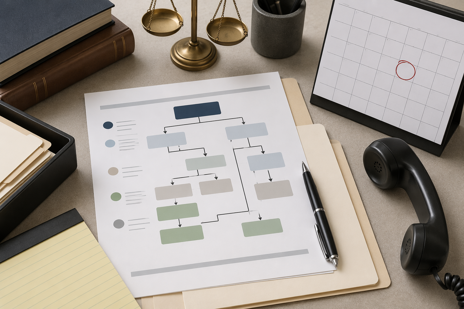organized legal workspace with workflow document, circled deadline date, phone receiver, and pen