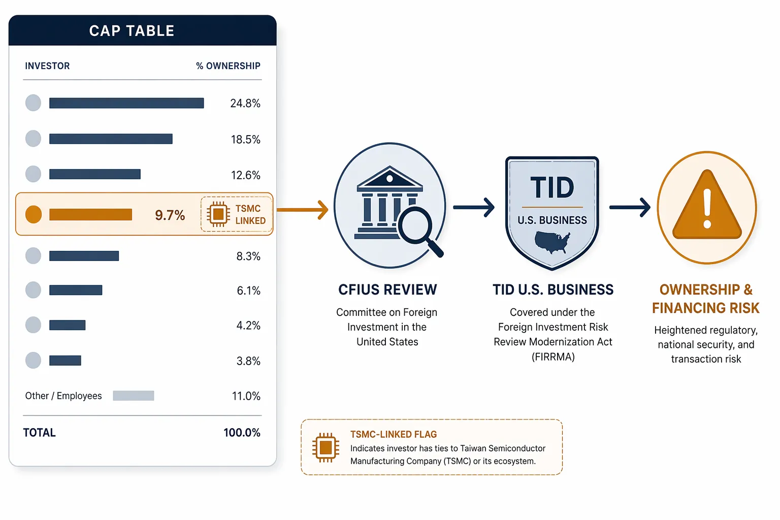 A cap table risk diagram showing a TSMC-linked investor routed through CFIUS and TID U.S. Business review