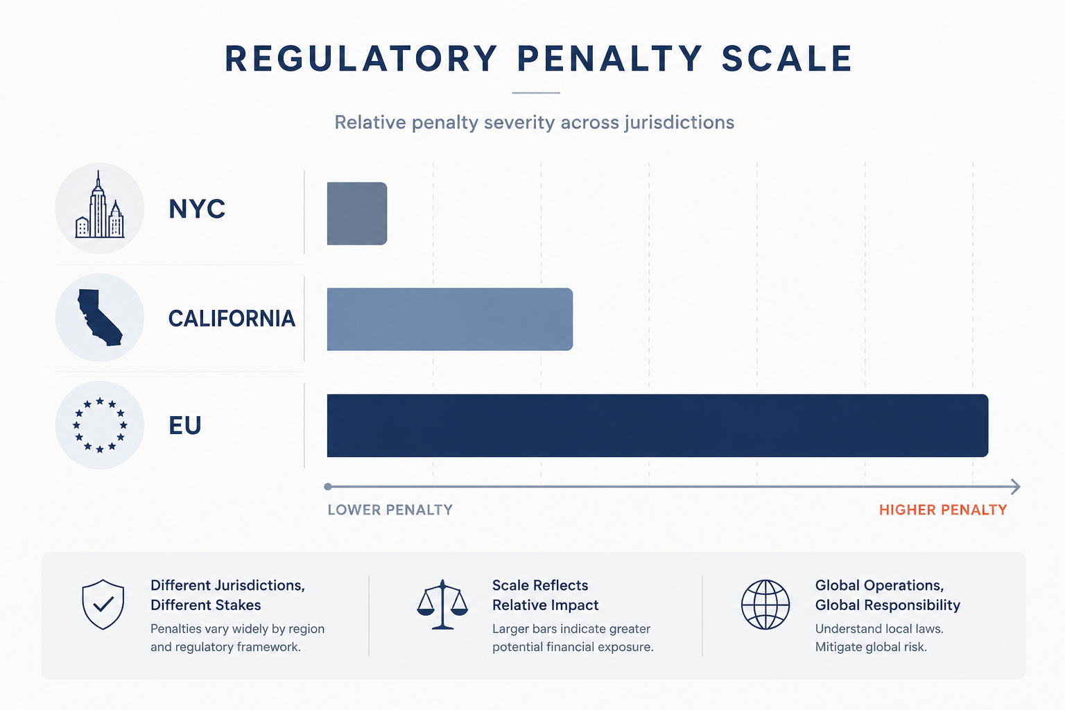 Relative penalty severity bars across AI compliance jurisdictions
