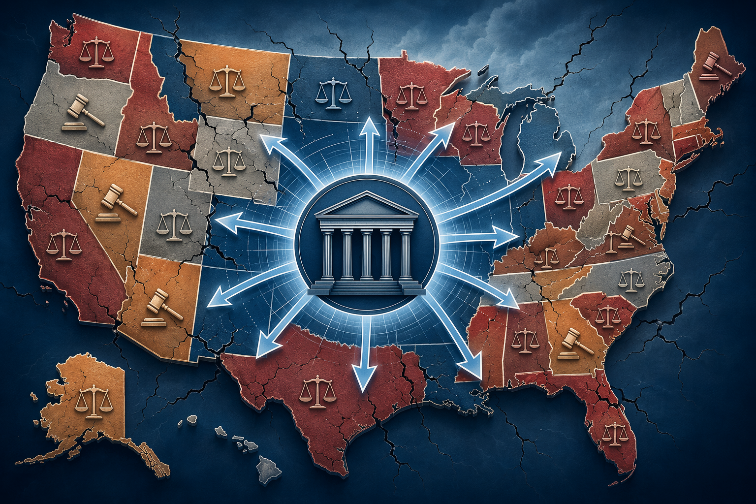 Map illustration showing state enforcement actions and federal counterpressure in prediction market litigation