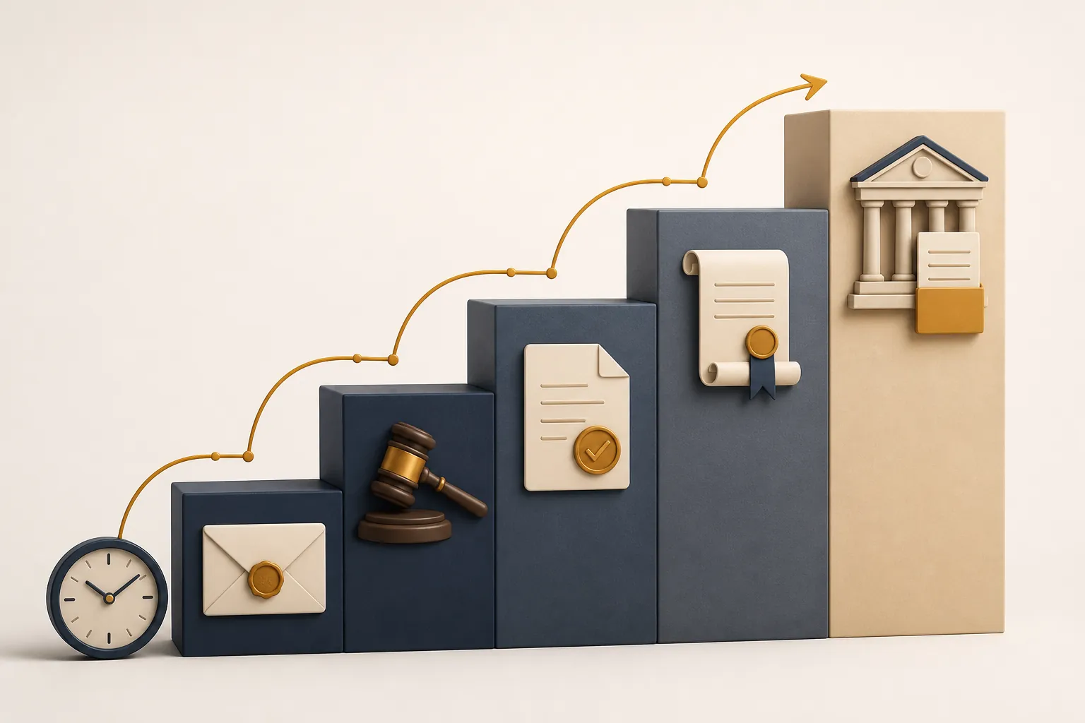 Five-step legal escalation staircase from preservation letter to motion practice with a clock at the base