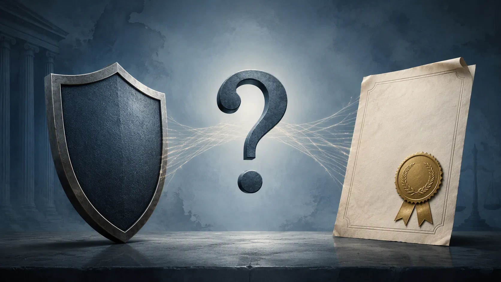 A shield, a sealed document, and a question mark representing an unresolved legal issue