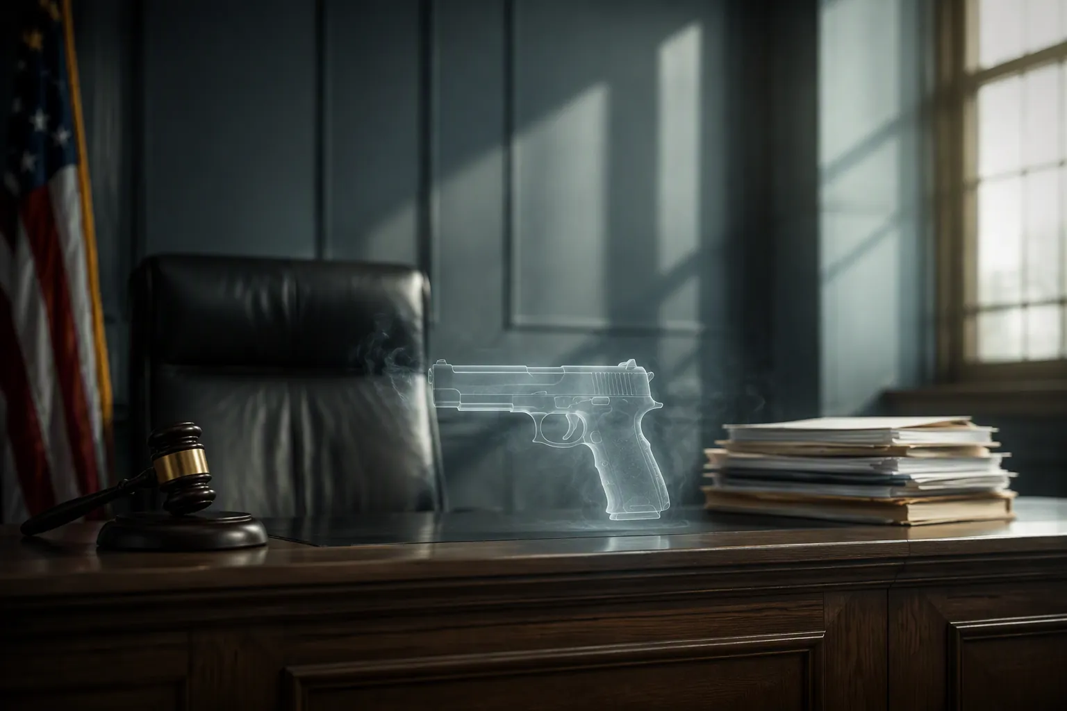 Judge's bench with a ghostly handgun silhouette, legal documents, and a gavel in a muted courtroom