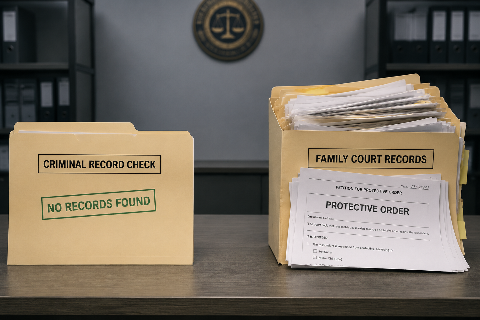 Two legal file folders showing a clean criminal-record file beside an overflowing family-court file