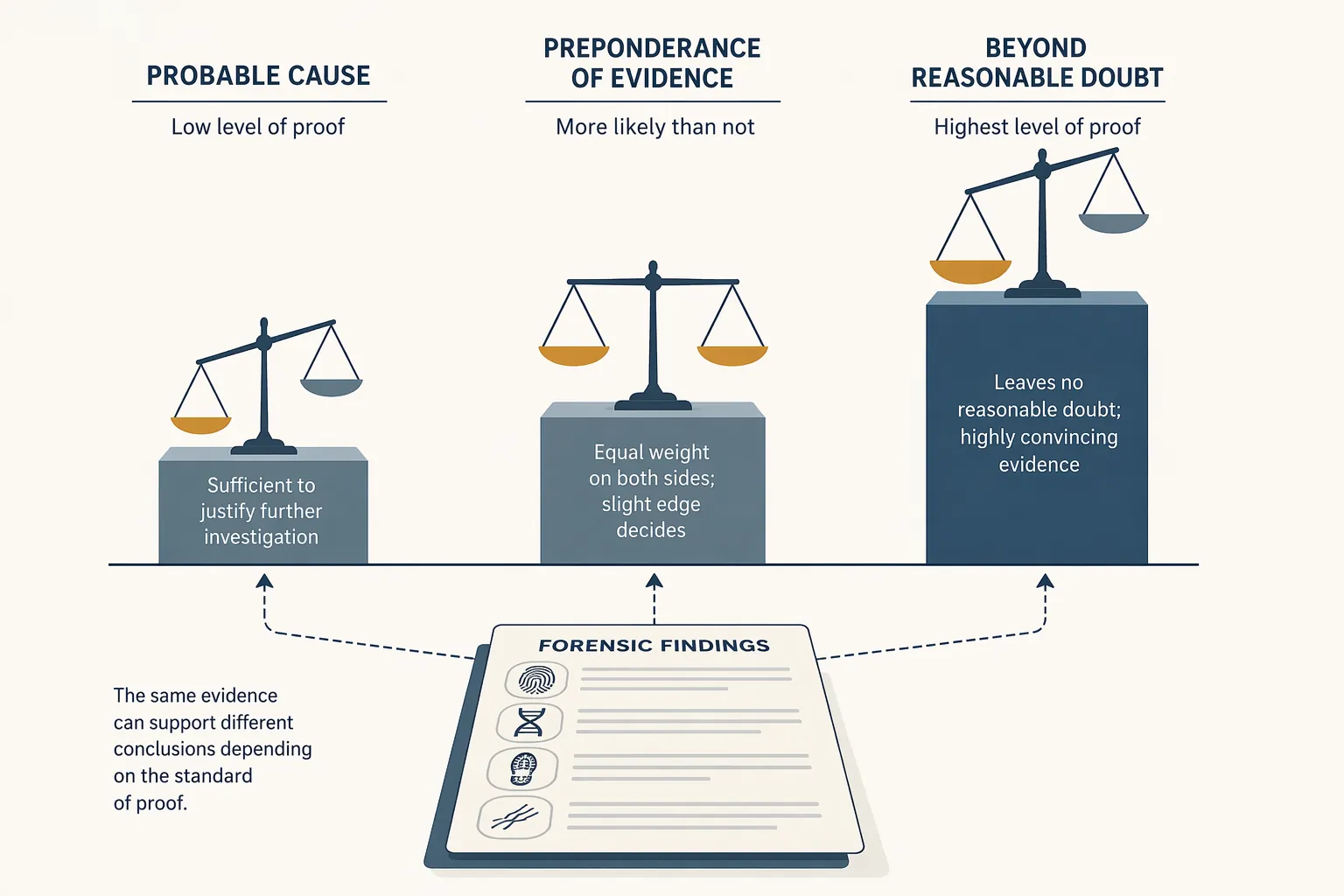 Three scales at different heights showing how one forensic document interacts with different standards of proof