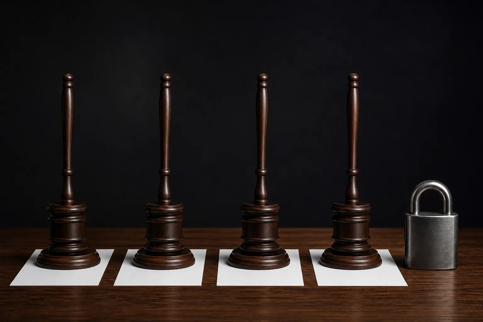 Four gavels beside a padlock illustrating concurrent life sentences without parole