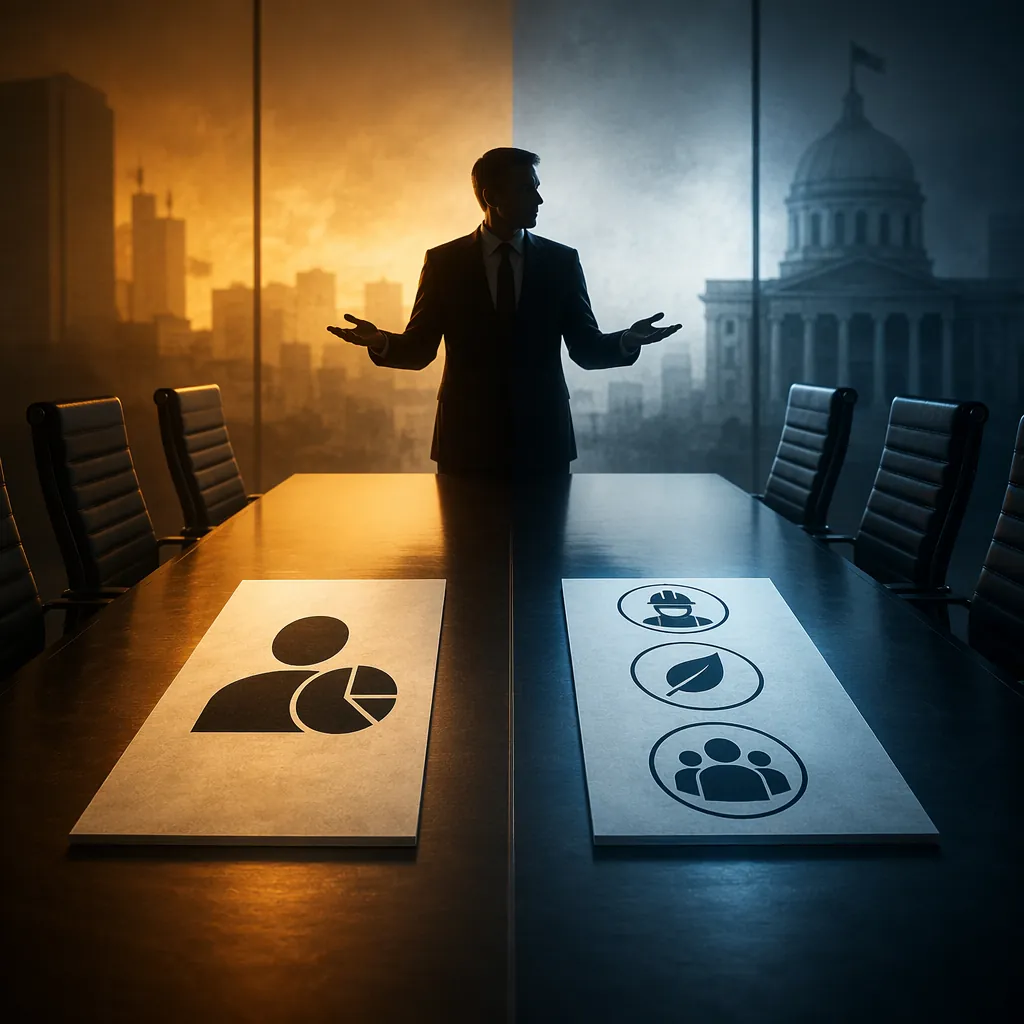 Corporate boardroom with documents representing shareholder interests and public welfare objectives