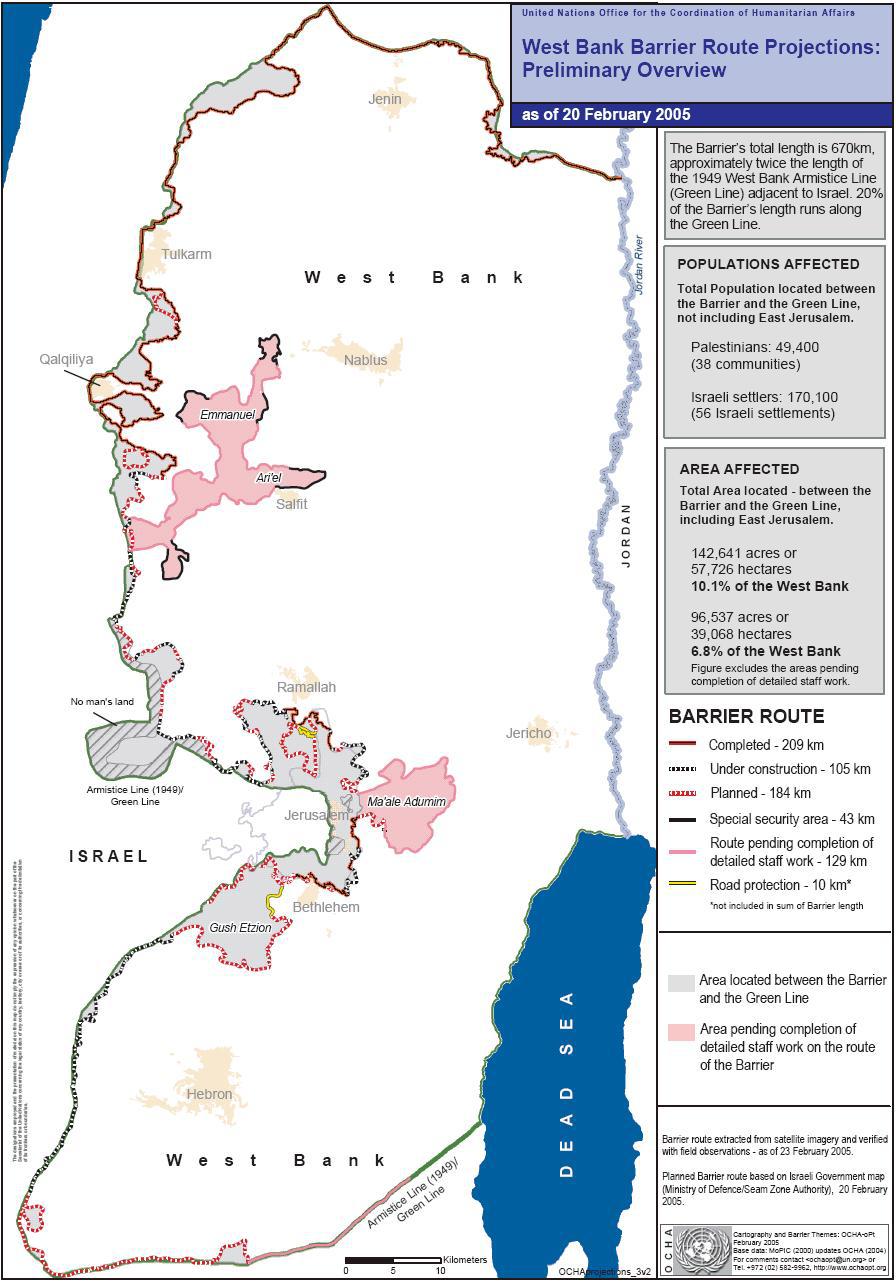 Map of the West Bank showing the projected and constructed barrier route relative to the Green Line