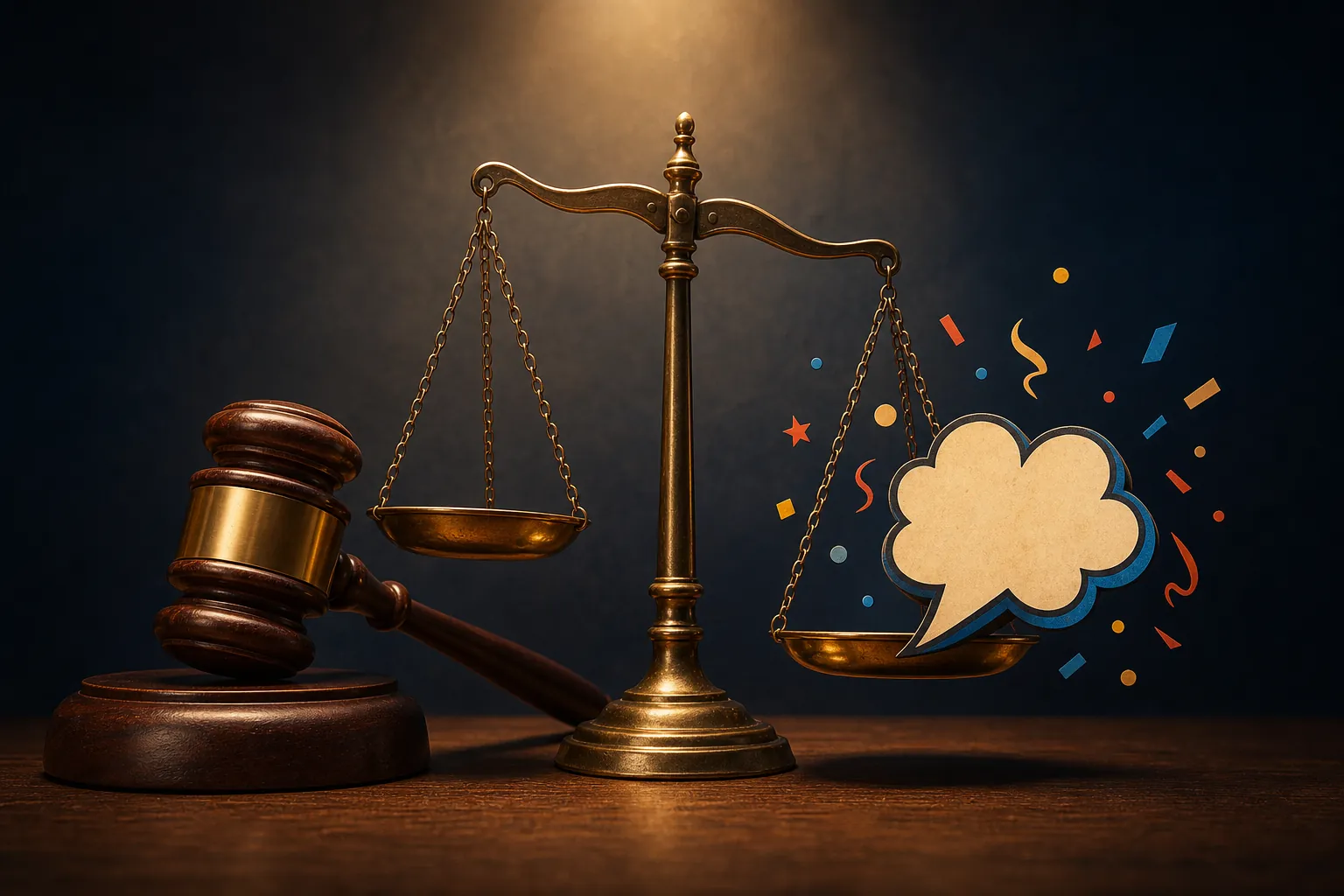 Gavel, tilted scales of justice, and playful speech bubble with confetti