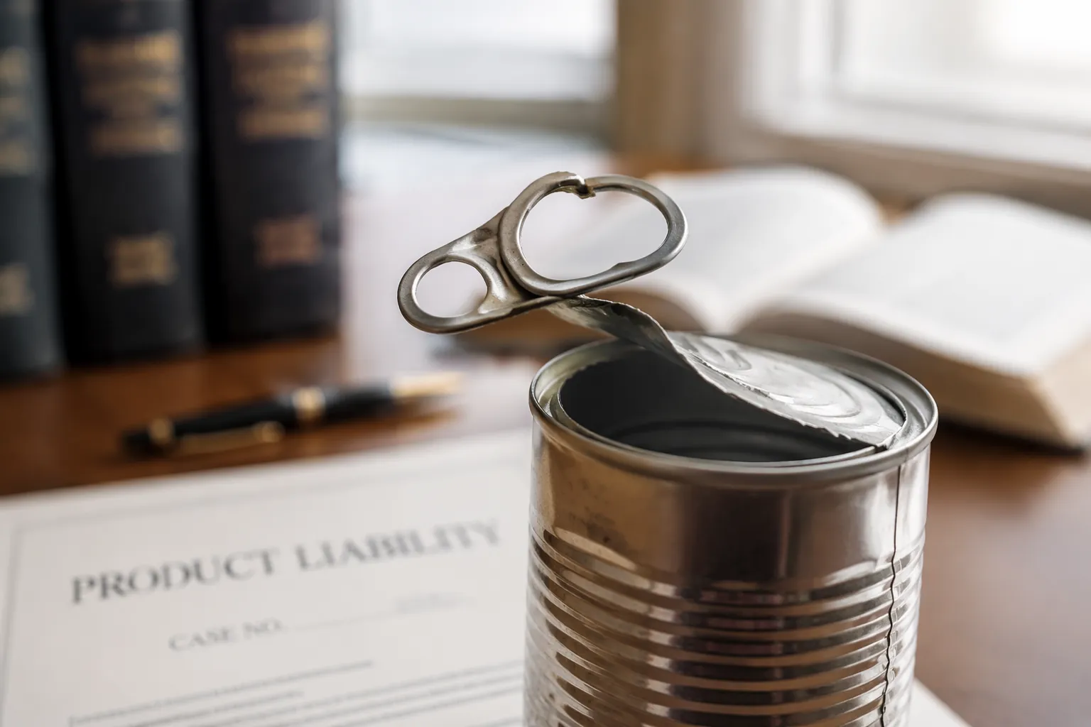 Close-up of a soup can with a broken pull tab on legal documents