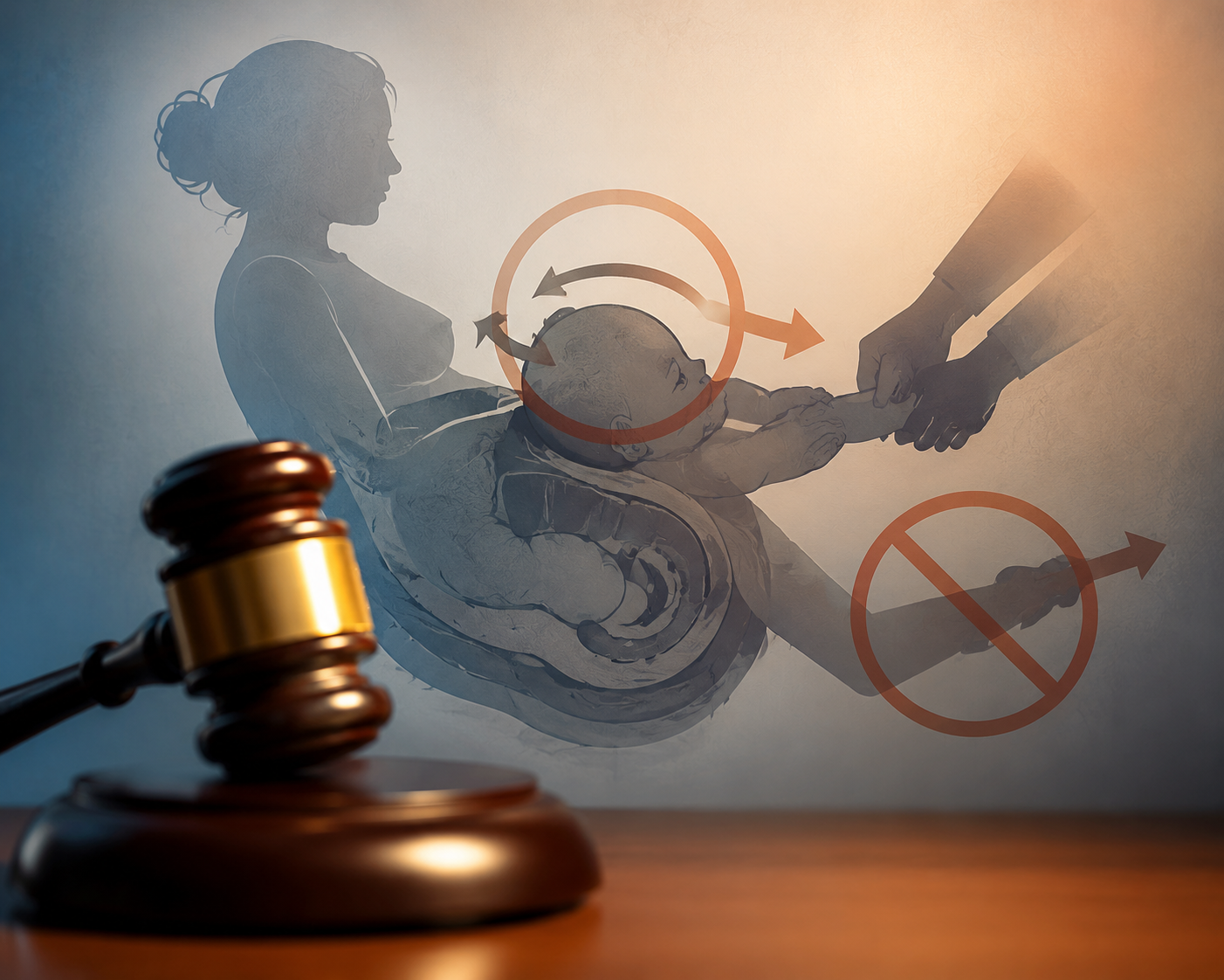 Wooden gavel with abstract birthing illustration and prohibition arrows