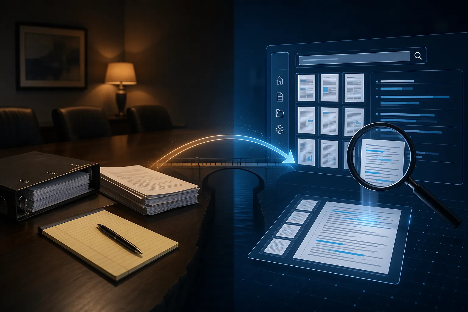 Traditional witness-preparation binders beside a modern digital document-review dashboard