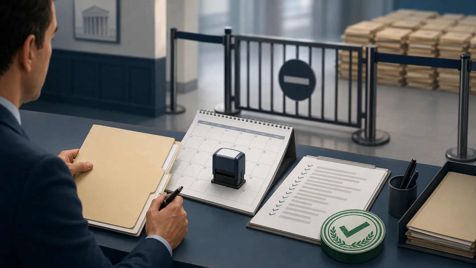 Government intake desk checking an application folder against a calendar date and school list, with a verified seal and closed eligibility gate