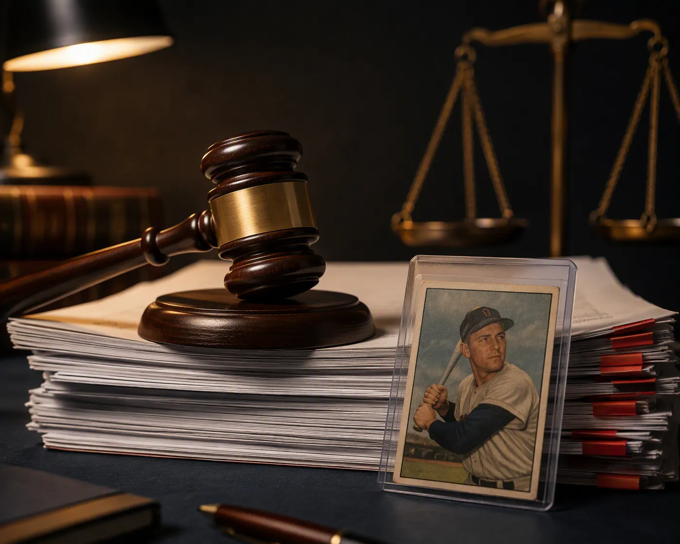 Gavel, court filings, and a protected vintage sports trading card on a desk