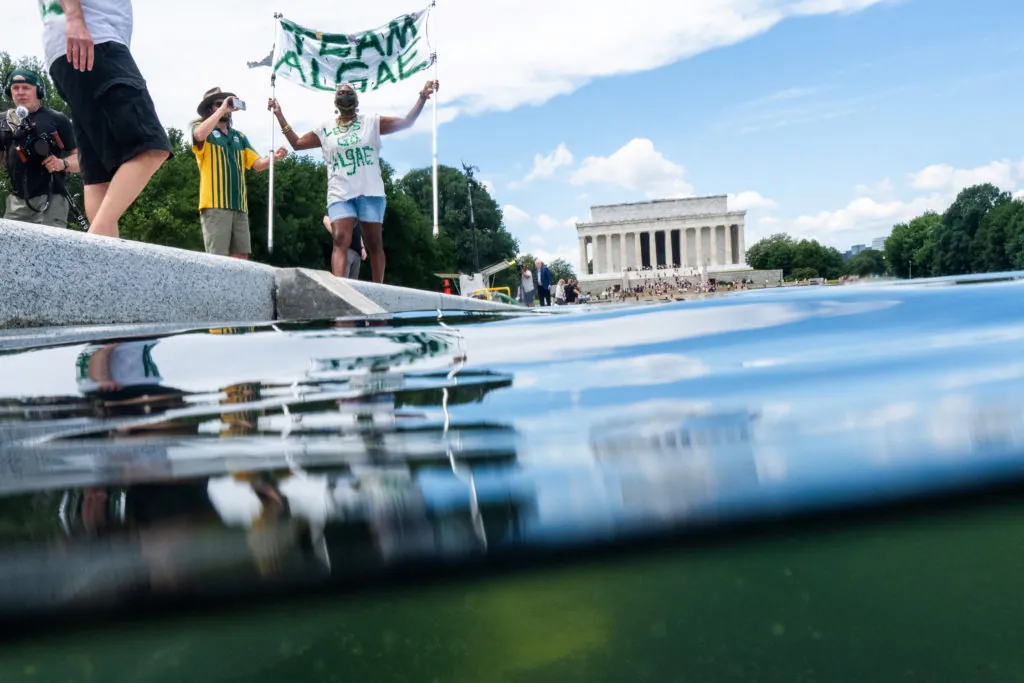 The drained Lincoln Memorial Reflecting Pool during resurfacing work with the Washington Monument in the background