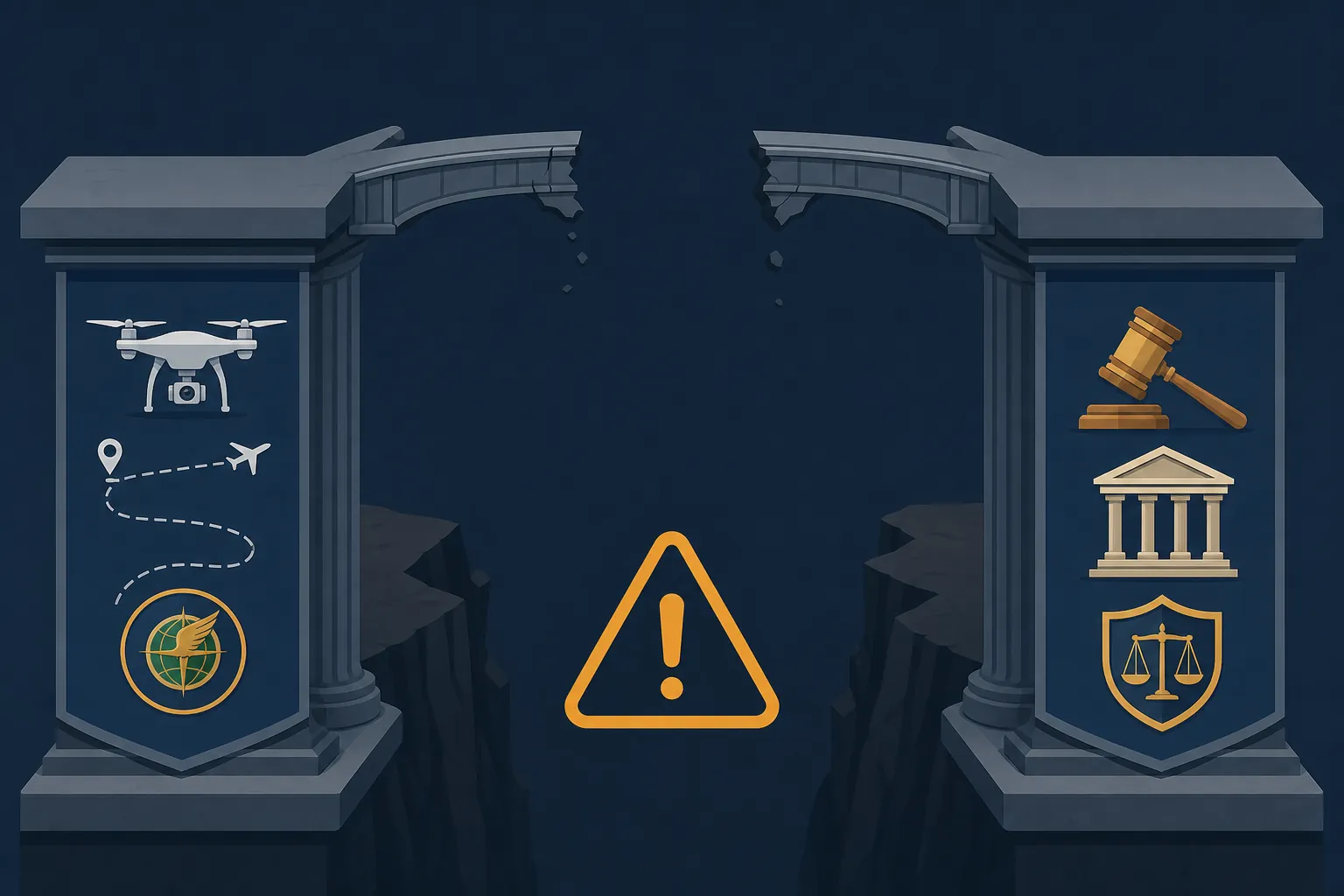 Conceptual illustration of FAA drone authorization separated from Fourth Amendment warrant requirements by a regulatory gap