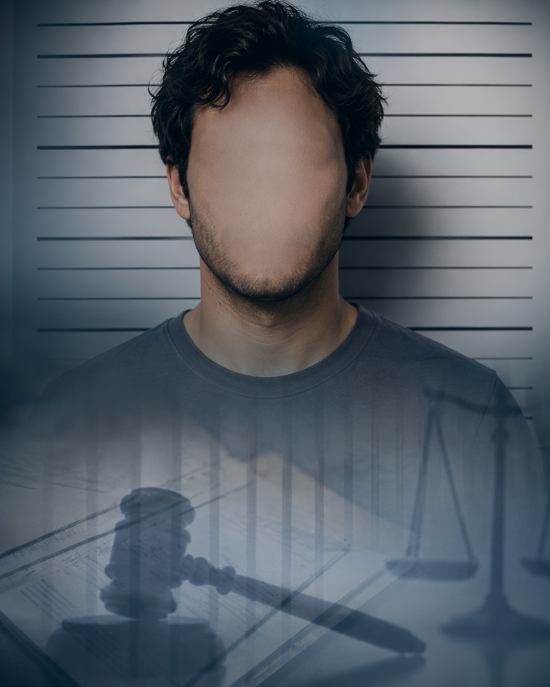 Police booking photo fading into legal documents and gavel shadows, suggesting due process protection over pretrial booking records