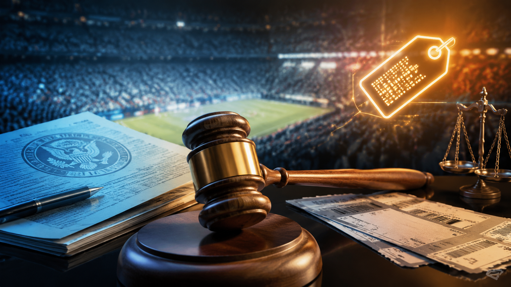 Gavel, legal documents, ticket stubs, state seals, and a digital price tag over a blurred stadium crowd
