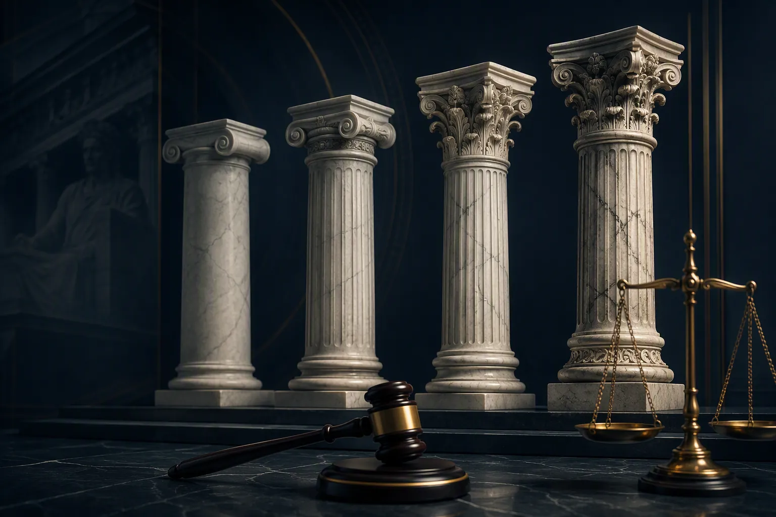 Layered Supreme Court precedents represented by marble columns and a courtroom gavel scale