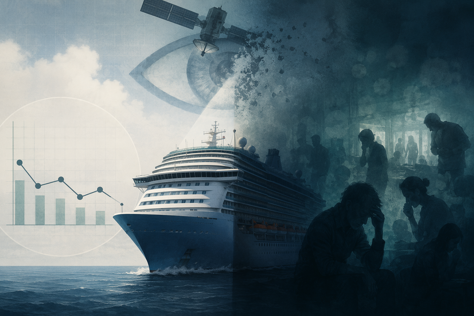 Cruise ship beneath a partially obscured surveillance eye with sparse official data and shadowy passenger silhouettes