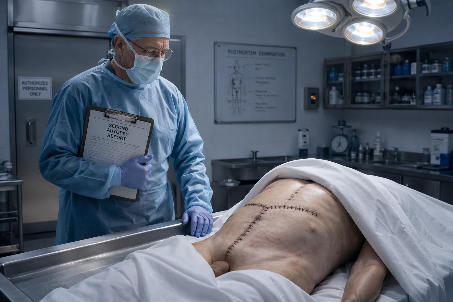 Forensic pathologist reviewing a second autopsy report in a clinical autopsy room