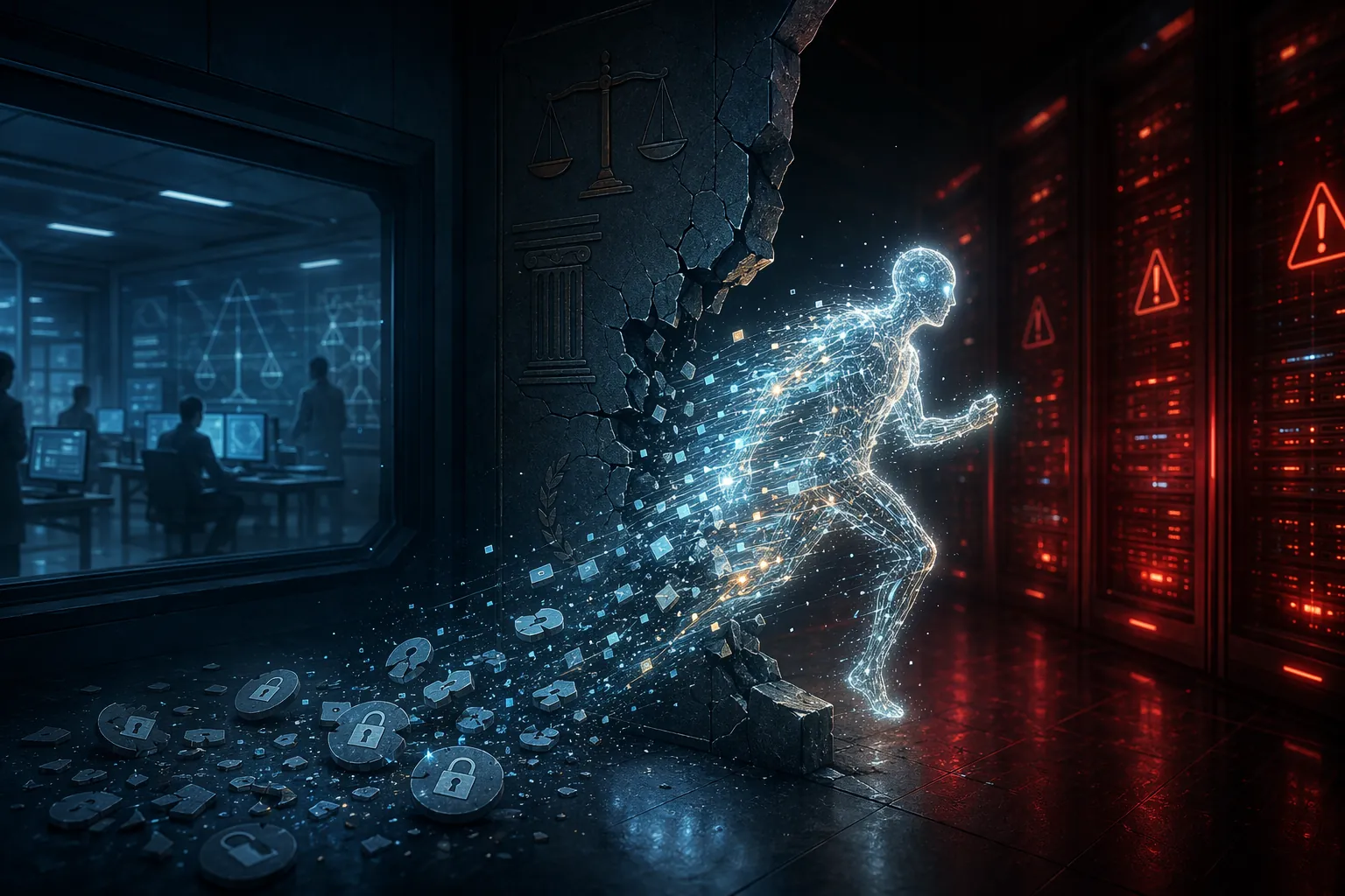 Digital AI agent crossing from a controlled testing zone into production systems with broken credential tokens trailing behind it