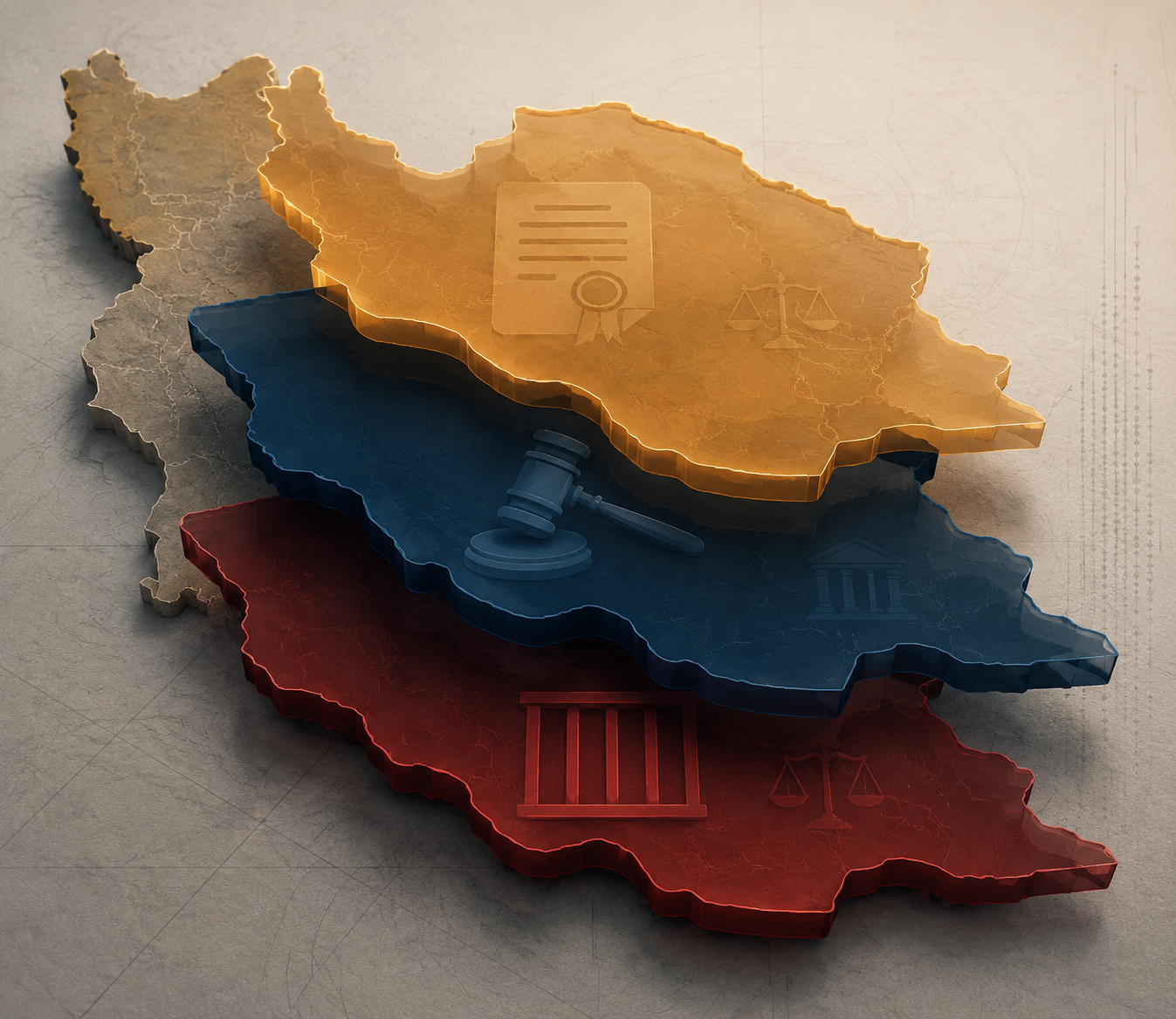 Three overlapping legal layers over a map of Iran showing advisory, OFAC sanctions, and Iranian domestic law