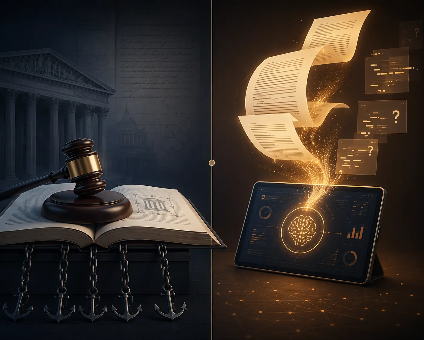 Gavel on an open book contrasted with an AI interface producing legal text